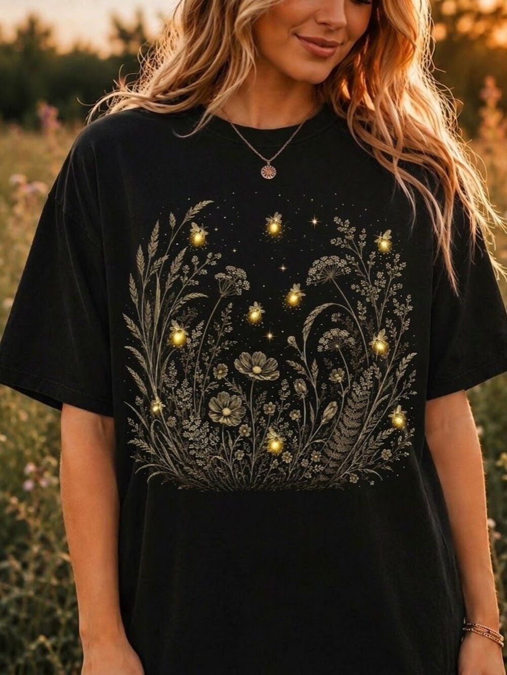 Summer Nights Firefly Wildflower Meadow Botanical Graphic